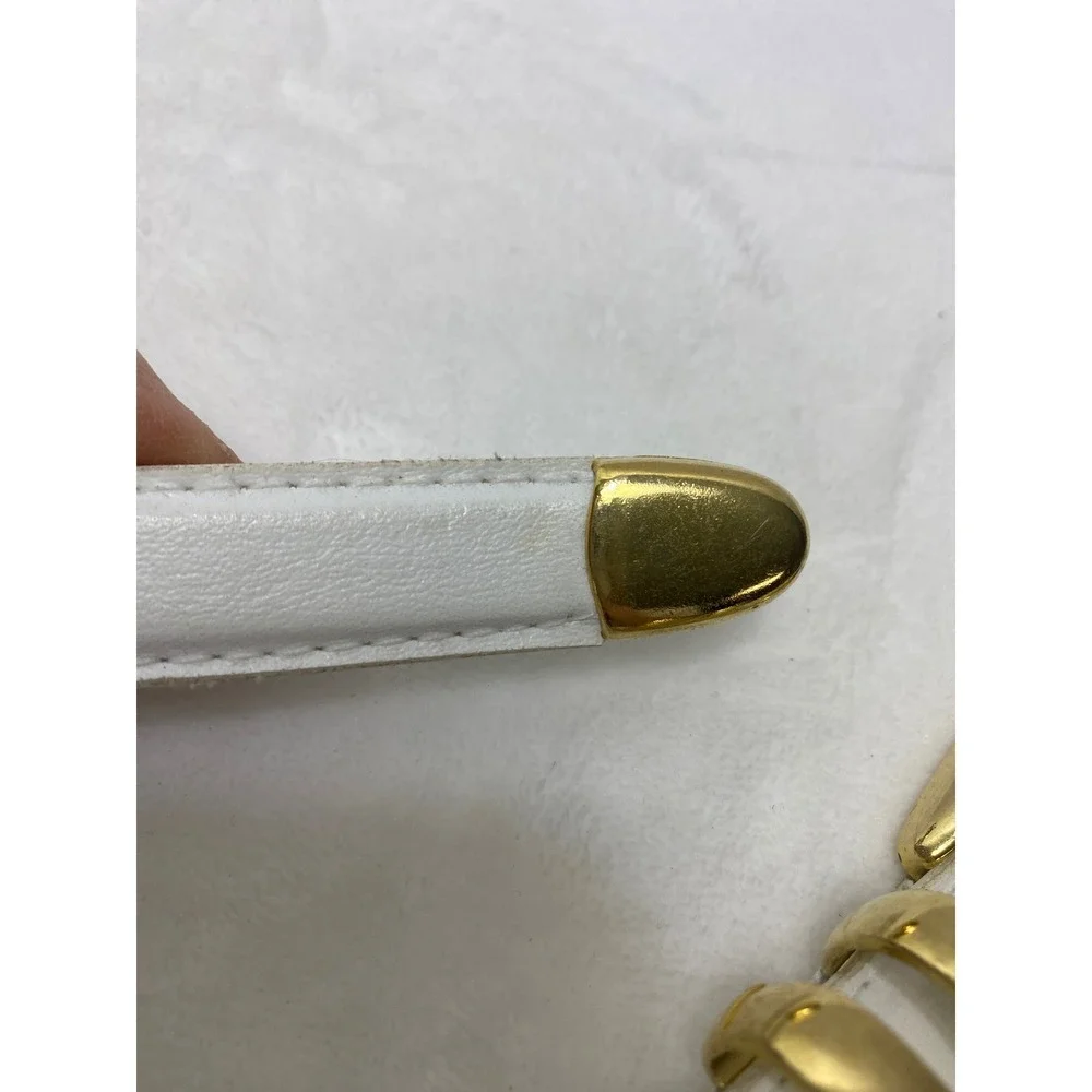 VTG Womens White Leather Skinny Dressy Belt Gold Tone‎ Buckle Metal Tip 37 Inch
